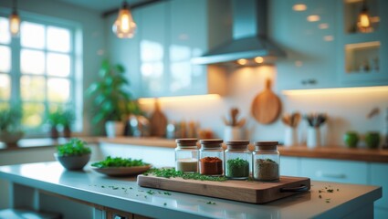 Fototapete - Blurred perspective of contemporary chic kitchen interior.