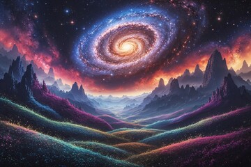 Wall Mural - enchanted cosmic landscape featuring glowing spiral galaxy and mystical nebula in stippling art styl