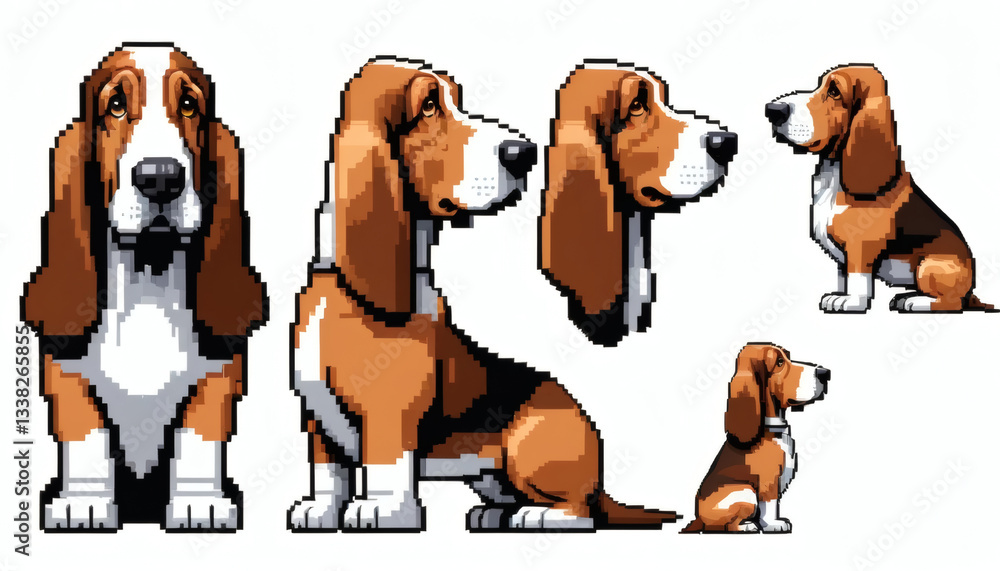 8-Bit Pixel Art of a Basset Hound with Droopy Ears, Shown from Front ...
