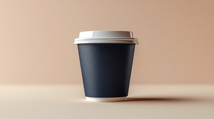 Aufkleber - A black coffee cup with a white lid stands upright on a smooth surface. The simplistic design highlights contemporary aesthetics, suitable for cafe or home use at any time.