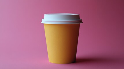 Aufkleber - A bright yellow coffee cup sits prominently on a pink background, showcasing its sleek design. The cup features a white lid and emphasizes simplicity and vibrancy in everyday items.