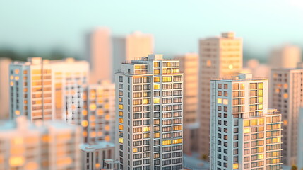  Miniature cityscape with illuminated skyscrapers at sunset
