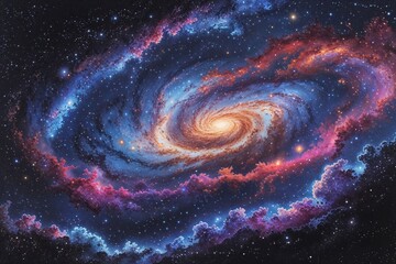 Wall Mural - detailed stippling artwork of a spiral galaxy and colorful nebula in cosmic deep space
