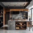 © RaksaLinggo - Modern kitchen with wooden cabinets and concrete countertops features