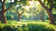 © NeuralNiche - Sunlit blurred view of vibrant trees in gardens, presenting a tranquil, defocused, outdoor environment with abundant greenery and gentle bokeh effect.