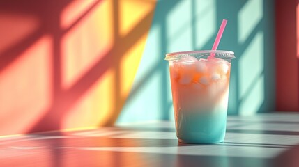 Poster - A colorful drink in a clear cup with ice sits on a table in a cafe. Bright sunlight creates dramatic shadows and adds warmth to the scene with a playful mix of colors.