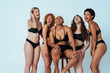 © oneinchpunch - Multiethnic group of women wearing underwear with diverse kind of bodies, concepts about body positive, authentic people, diversity and body acceptance