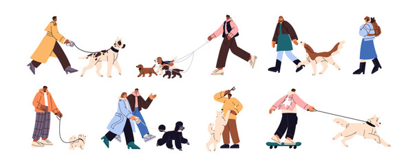 Wall Mural - Set of dog owners are walking pets. Happy people lead doggies on leash. Characters with different canine breeds of puppies stroll and play outdoors. Flat isolated vector illustrations on white.