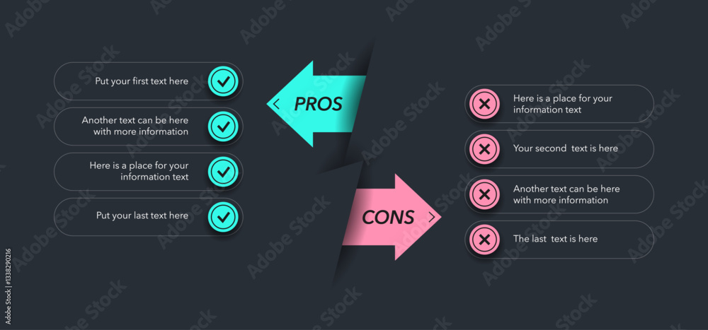 Modern pros and cons diagram with place for your content - dark version ...
