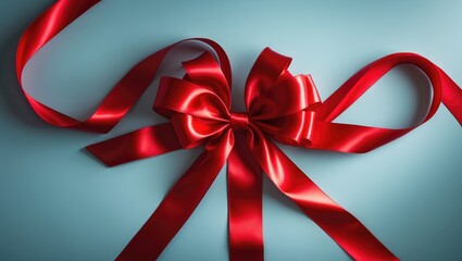 Poster - Red satin ribbon with bow on a light blue backdrop, viewed from above