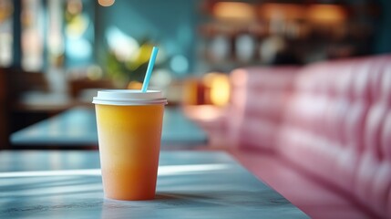 Fototapete - A vibrant drink sits on a marble table in a lively cafe, illuminated by natural light streaming through the windows, creating a warm and inviting atmosphere.