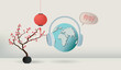 © María Pilar Martínez - Planet earth wearing headphones listening to mandarin chinese for international mother language day