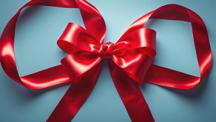 Poster - Red satin ribbon with bow on a light blue backdrop, seen from above.