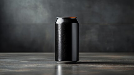 Leinwandbilder - A sleek black beverage can stands upright on a textured gray surface, adorned with water droplets that reflect the light, suggesting freshness. The background is softly blurred.