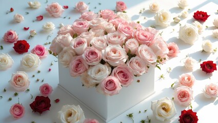 Aufkleber - Beautiful rose buds arranged in a frame against a white backdrop. Floral summer composition featuring sunlight and shadows. Nature theme. Love and romance concept. Overhead view. Flat lay.