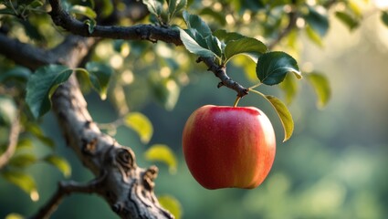 Poster - Close-up of a ripe red apple hanging on a branch of an apple tree.