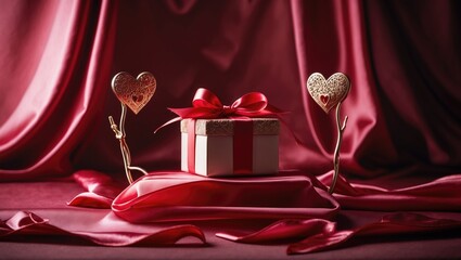 Poster - Red satin display for products, silk stage adorned with hearts. Cosmetics promotional square podium. Elegant platform.