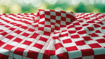Poster - Red checkered tablecloth pattern viewed from above with an abstract green bokeh background.