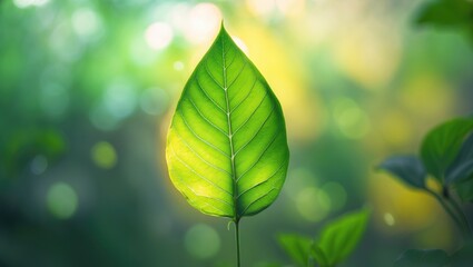 Poster - Green leaf on blurred green background. Stunning leaf texture illuminated by sunlight. Close-up nature perspective with space for text. Natural green backdrop.