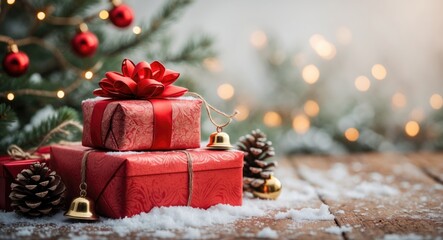 Poster - Christmas red decorations on snow featuring gift boxes, fir tree branches, and lights. Winter Decoration Background with space for text.