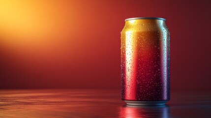 Poster - A vividly colored beverage can sits on a reflective surface, exhibiting condensation. The warm backdrop creates a relaxed atmosphere, suggesting an enjoyable drink moment.