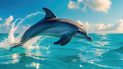 dolphin jumping in the ocean, showcasing its flipper and cetacean characteristics.
