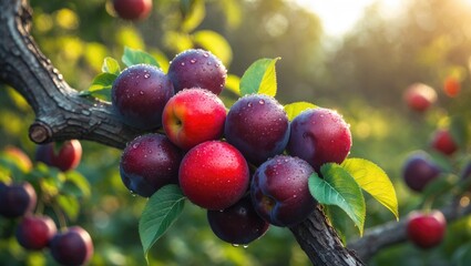 Poster - Ripe cherry plums clustered on a tree branch up close.