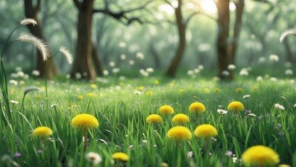 Wall Mural - Wide format image showcasing a beautiful pristine forest lawn filled with fresh grass and yellow dandelions, set against a blurred background.
