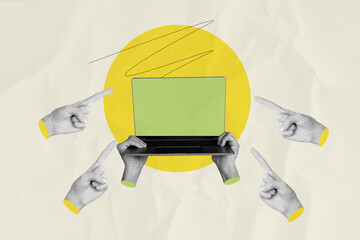 Template collage image of human hands showing presenting screen netbook pointing