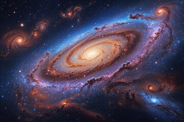 Wall Mural - dotwork style artwork of luminous spiral galaxy and stunning nebula with deep space imagery