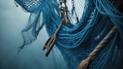 Blue Fishing net, Tools for fishermen, rope texture of the net, net pattern, Abstract Background.