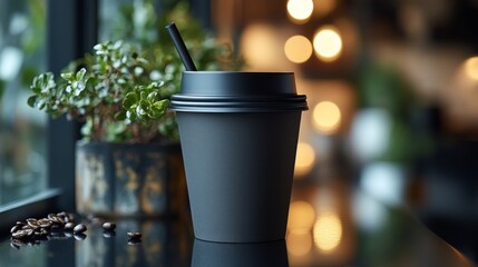 Fototapete - A black coffee cup sits on a shiny table near a window, surrounded by soft lighting and green plants. The atmosphere is warm and inviting, perfect for relaxation.
