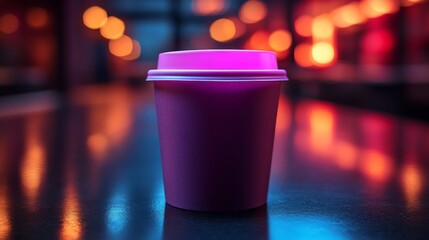 Aufkleber - A vibrant coffee cup stands prominently on a table, illuminated by colorful ambient lights in a modern urban environment during the evening, creating a cozy atmosphere.