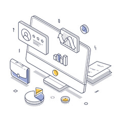 Wall Mural - isometric line art illustration showing various elements of online business. analytics charts, user 