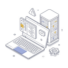 Wall Mural - Isometric line art illustrates a laptop and server during a maintenance task. The design features alert icons and configuration elements to represent the technical activity taking place.