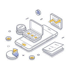 Wall Mural - isometric line art of financial planning, showcasing a smartphone with coin icons, financial charts 