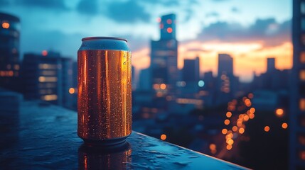 Poster - A cold beverage can with condensation sits on a ledge, overlooking a bustling cityscape at twilight. The skyline glows with city lights and colorful clouds above.