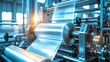 © AbstractAI - The functioning of an automatic plastic bag production machine featuring a lighting effect. A close view of the roller of the plastic bag production machine in a light blue environment. Product pac...
