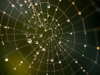 Close-up of a Wet Spider Web with Water Droplets Against a Green Background.