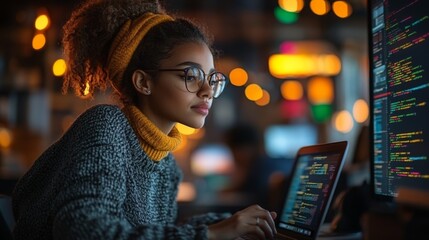 Aufkleber - A young woman is focused on her work at a dimly lit tech workspace, analyzing quantum principles such as superposition and entanglement for secure encryption and eavesdropping prevention.