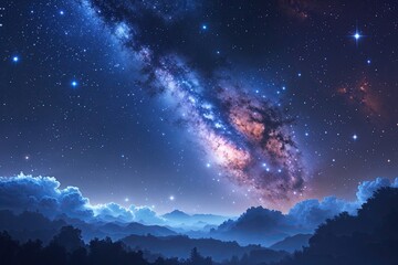 Wall Mural - magical milky way galaxy above calm blue mist with shimmering stars and colorful nebula
