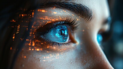 Fototapete - A close-up view highlights a person's eye with a digital display reflecting quantum concepts like superposition and entanglement. Neural activities illustrate advanced algorithmic processes.