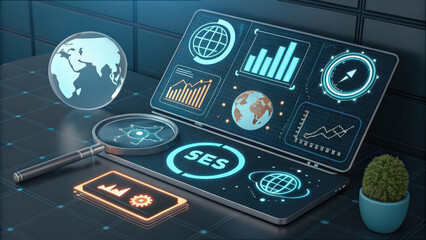Aufkleber - Futuristic digital marketing concept with glowing icons on laptop screen, including graphs, globe, and magnifying glass, set on modern desk