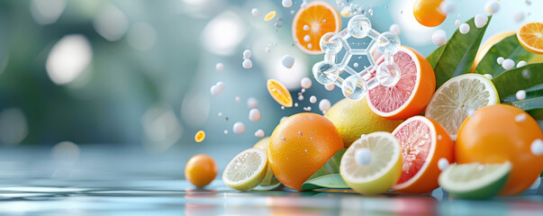 Poster - vibrant display of citrus fruits including oranges, lemons, and grapefruits is enhanced by holographic 3D interface showing Vitamin C molecule, symbolizing health and freshness