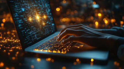 Fototapete - A person interacts with a laptop displaying vibrant visuals representing quantum computing concepts like superposition and entanglement.