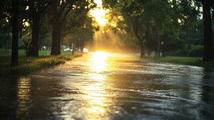 Wall Mural - golden sunlight reflects on a flooded road lined with lush green trees. for use in articles about we