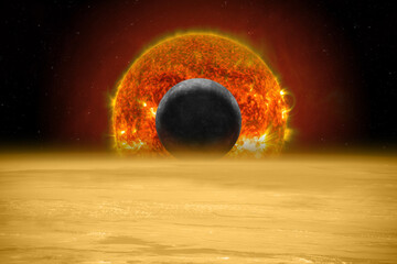 Wall Mural - venus, mercury and sun in space. planetary alignment. view of planet mercury and sun through the atm