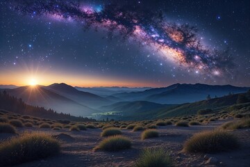 Starlit Scenery Beneath a Cosmic Sky Featuring the Milky Way Galaxy