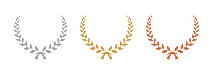 Wall Mural - gold, silver, bronze laurel wreaths. winner medal award set vector illustration. victory symbol, tri