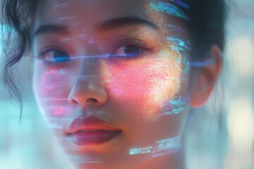 Aufkleber - Close-up portrait of a woman with digital effects and colorful lights reflecting on her face